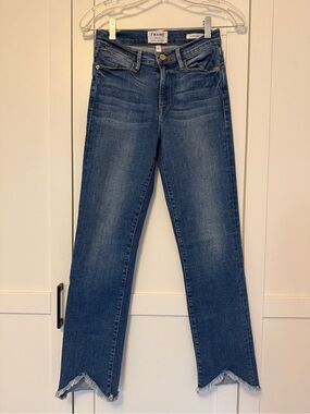 Frame Denim Le High Straight Jeans in White Chapel Size 25 - Mid-Rise Frayed Hem